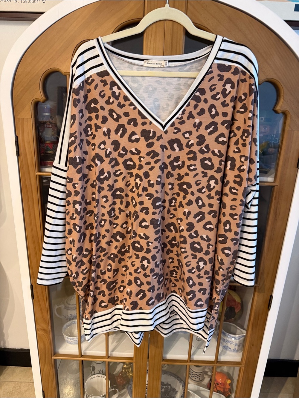 Southern Stitch Relaxed V-Neck Leopard & Stripe Tunic - Tan/Black